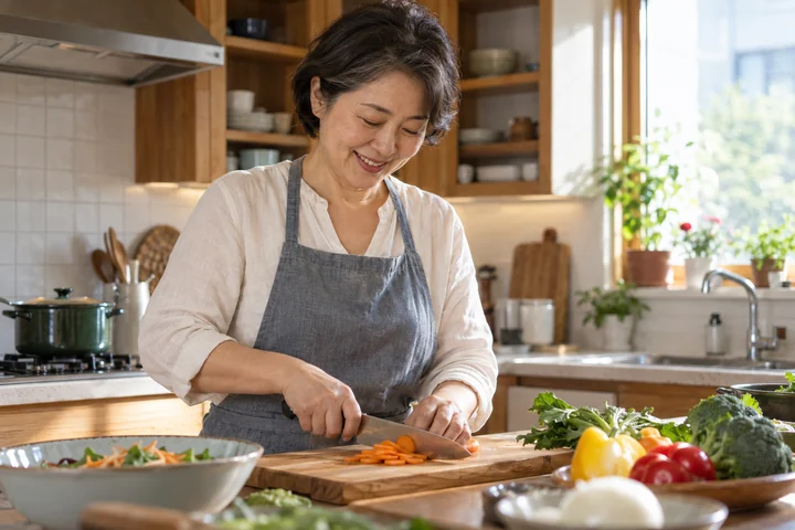 채소를 손질하는 여성 — 여성 실사 집밥 만들기 견본