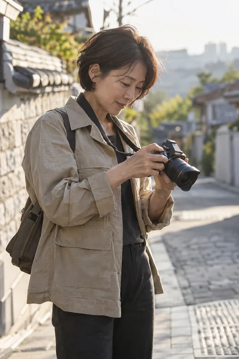 촬영 뒤 화면을 확인하는 여성 — 여성 실사 사진가의 시선 견본