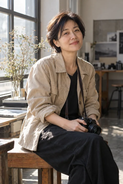 스튜디오 창가에 앉은 여성 사진가 — 여성 실사 사진가의 시선 견본