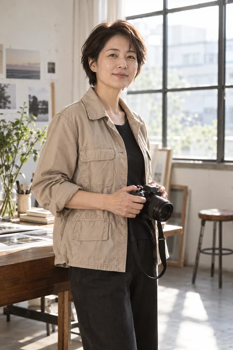 카메라를 들고 서 있는 여성 사진가 — 여성 실사 사진가의 시선 견본