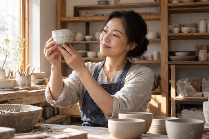 완성한 찻잔을 살펴보는 여성 — 여성 실사 도예 작업실 견본
