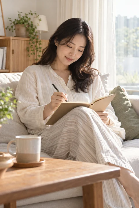 소파에서 일기를 쓰는 여성 — 여성 실사 아침의 휴식 견본