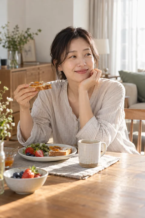 아침 식탁에 앉은 여성 — 여성 실사 아침의 휴식 견본