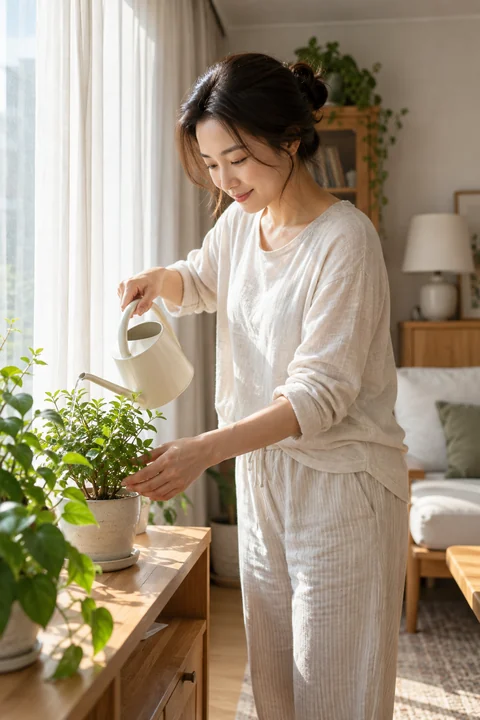 창가 식물에 물을 주는 여성 — 여성 실사 아침의 휴식 견본