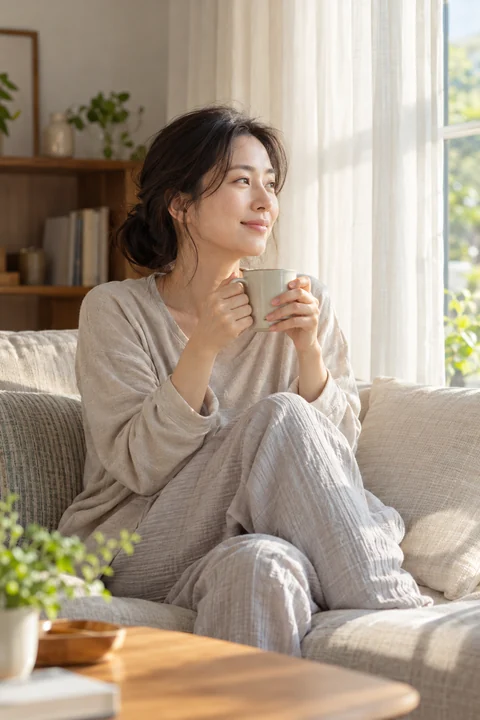 아침 햇빛 아래 차를 마시는 여성 — 여성 실사 아침의 휴식 견본