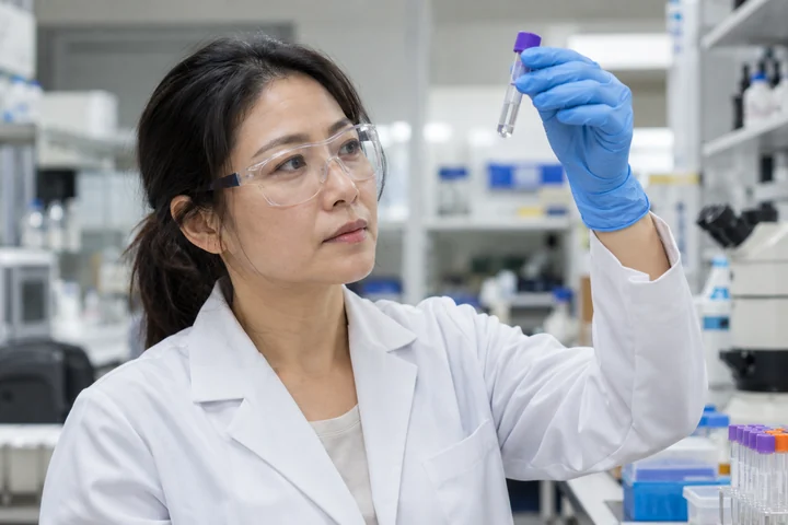 시료 튜브를 확인하는 여성 — 여성 실사 연구실의 하루 견본