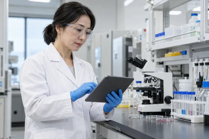 태블릿에 기록하는 여성 연구자 — 여성 실사 연구실의 하루 견본