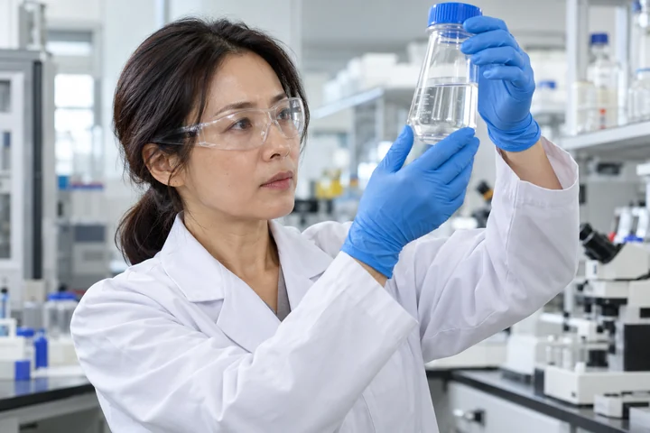 투명 시료 용기를 살펴보는 여성 — 여성 실사 연구실의 하루 견본