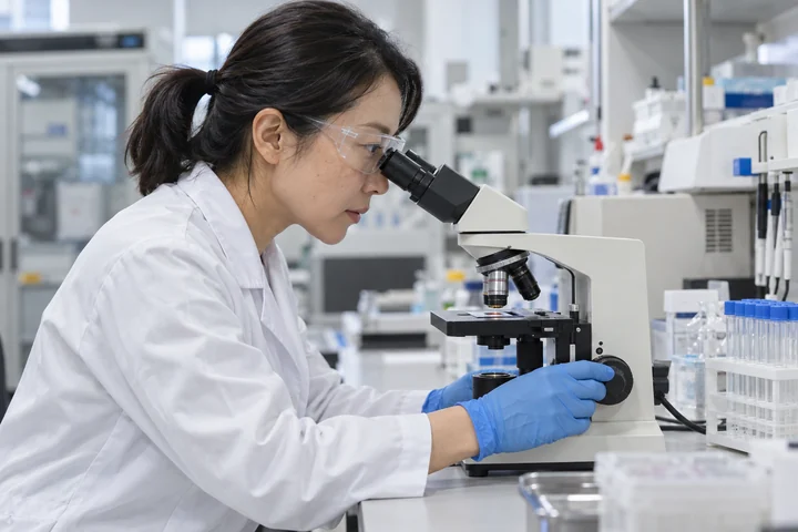 현미경을 살펴보는 여성 연구자 — 여성 실사 연구실의 하루 견본