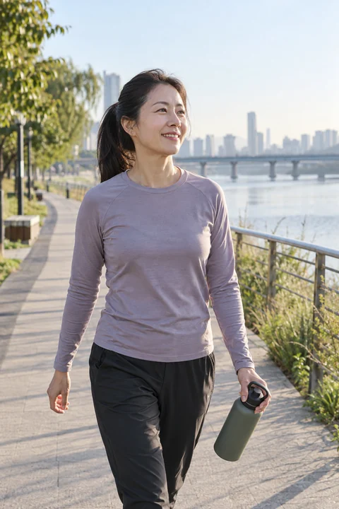 강변을 걸으며 쉬는 여성 — 여성 실사 러닝 일상 견본