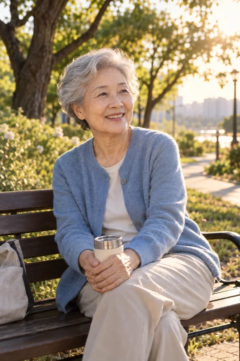 공원 벤치에서 웃는 시니어 여성 — 여성 실사 시니어 라이프 견본