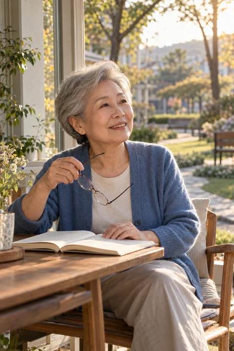독서 안경을 든 시니어 여성 — 여성 실사 시니어 라이프 견본
