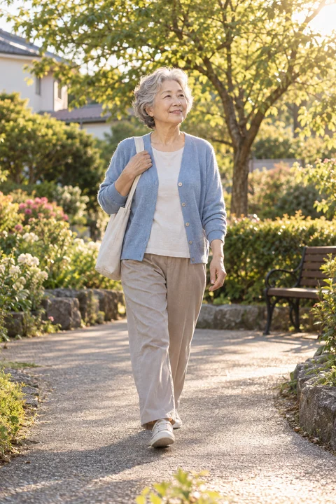 동네 산책을 하는 시니어 여성 — 여성 실사 시니어 라이프 견본