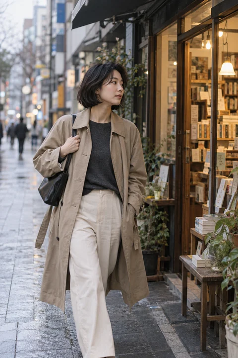 서점 앞을 지나는 여성 — 여성 실사 데일리 패션 견본