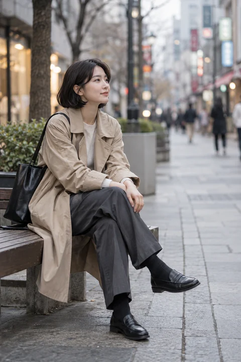 도시 벤치에 앉은 여성 — 여성 실사 데일리 패션 견본
