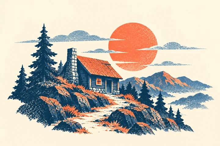 산길 옆 작은 오두막 — 여행 판화 그림 견본