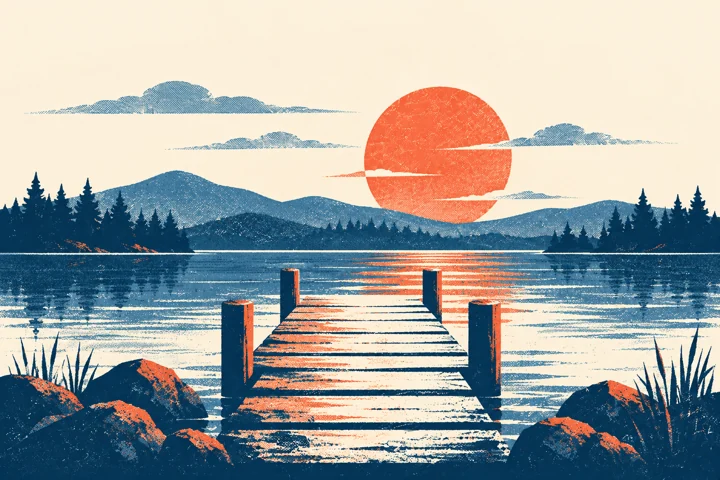 호숫가의 나무 부두 — 여행 판화 그림 견본