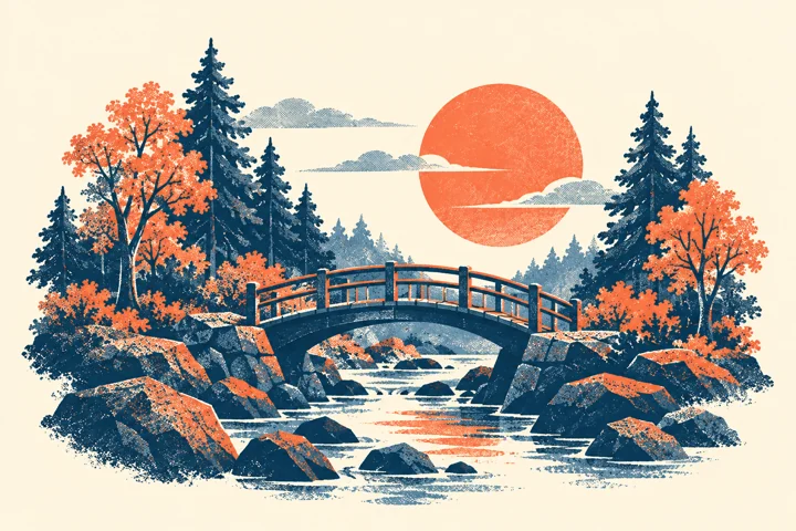 숲길 위 작은 다리 — 여행 판화 그림 견본