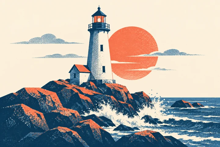 바위 해안 위 등대 — 여행 판화 그림 견본