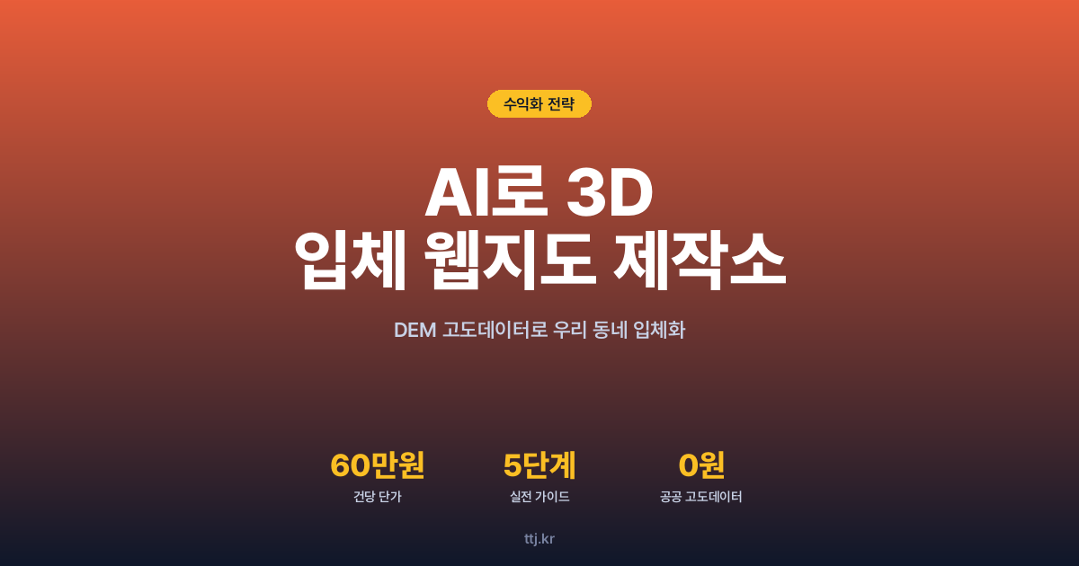 "구글어스는 멋진데 우리 동네는 안 보여요? — 비전공자도 AI로 '국가 고도데이터(DEM)로 우리 지역 3D 입체 웹지도(부동산 조망·개발부지·관광 코스) 제작소' 차려 부동산 시행사·건설사·지자체·관광협회에 건당 60만원 받는 5단계 실전 가이드"