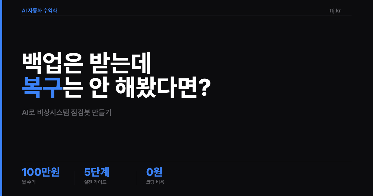 "백업은 받는데 '진짜 복구되는지'는 아무도 안 해봤다면?" — 비전공자도 AI로 '평소엔 안 돌아가다 사고 때만 작동하는 코드(백업복구·장애알림·비상스위치) 실제 작동 모의훈련·증거리포트 봇' 만들어 쇼핑몰·병원·학원·중소기업에 월 100만원 받는 5단계 실전 가이드